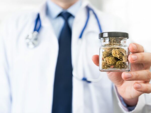 Ärztekammer spricht sich gegen die Legalisierung aus- ein Arzt hält ein Glas mit Cannabis in der Hand