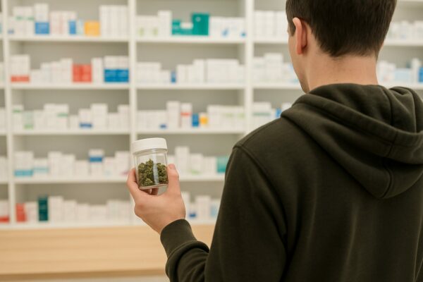 Weed Care Studie: abnahme des problematischem Konsums, durch legale Abgabe. Ein Mann hält sein Cannabis in der Hand, in einer Apotheke.