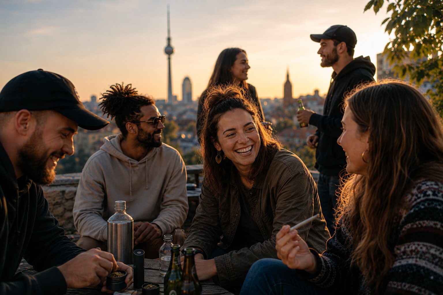Cannabis in Deutschland wird immer gesellschaftlicher akzeptierter. Junge Menschen sitzen zusammen.