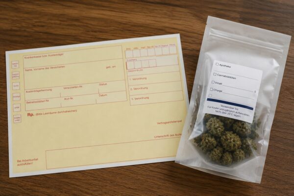 Eine Arztrezept mit Cannabisblüten. Das Cannabis auf Kassenrezept gehört leider der Vergangenheit an.