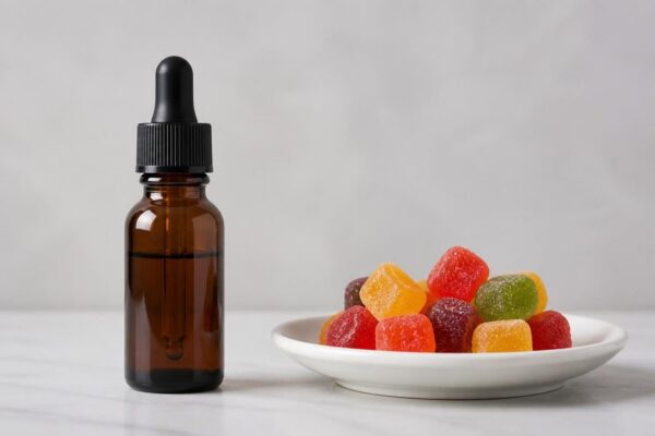 CBD-Öl in einer Pipettenflasche neben CBD Fruchtgummis