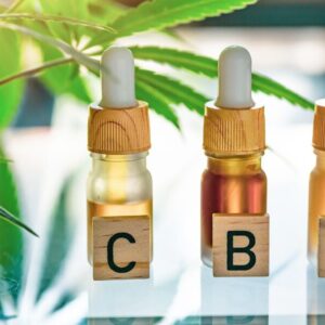 CBD aus der Apotheke: Drei Fläschchen mit CBD und eine Hanfpflanze