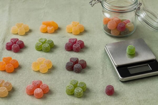 Portionierte Fruchtgummis und eine Küchenwaage zur Dosierung