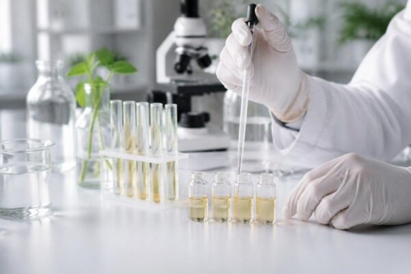CBD Wirkung in der Forschung: Labor mit Pipette und Proben von Pflanzenextrakt