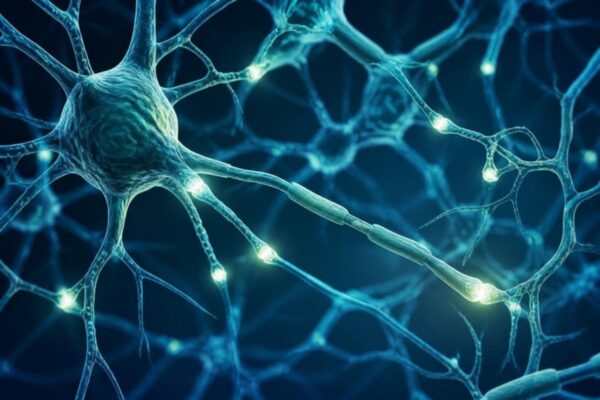 Wie wirkt CBD im Körper: Nervenzellen mit leuchtenden Synapsen