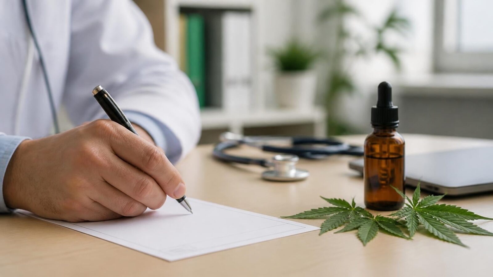 Fertigarzneimittel Vorrang bei Cannabis, Arzt füllt ein Rezept aus, daneben Cannabisextrakt und Cannabisblätter