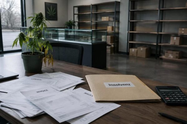 Cannabis Firmen Insolvenz: Schreibtisch mit Rechnungen, Taschenrechner und Ordner mit der Aufschrift Insolvenz, daneben eine welkende Cannabispflanze in einem leergeräumten Geschäft