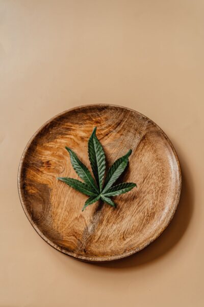 CBD Isolat: grünes Hanfblatt auf einem Holzteller