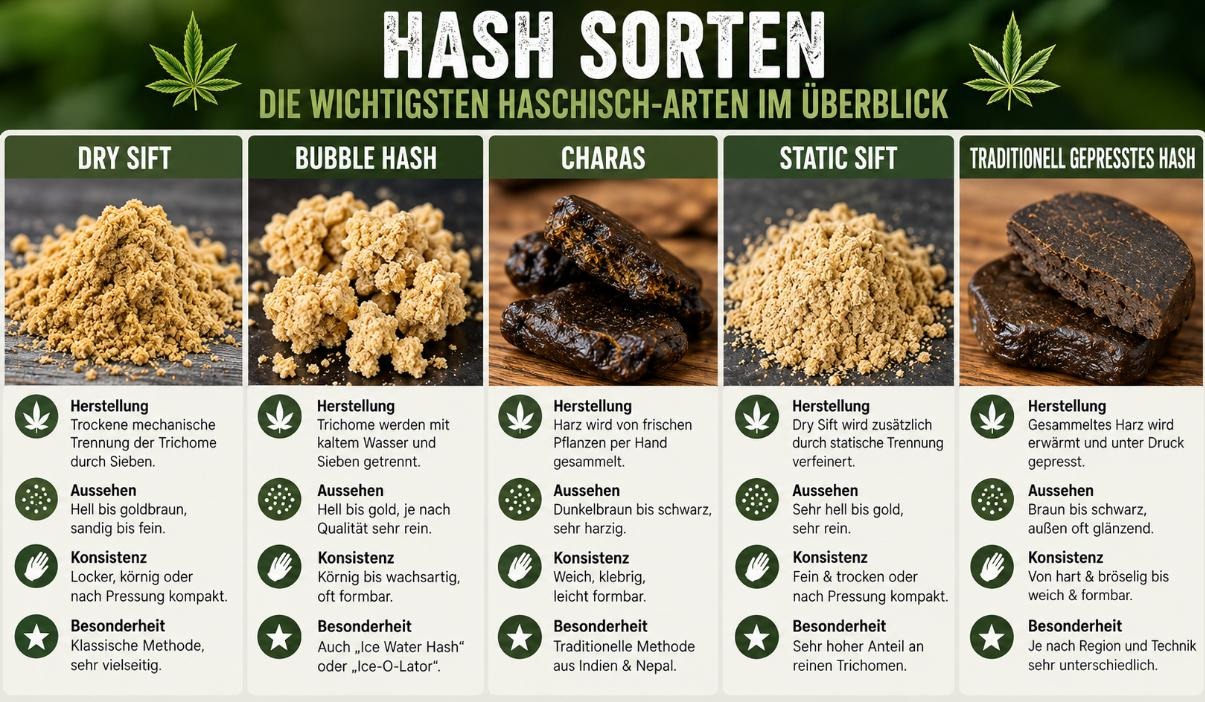 Infografik: Hash-Sorten im Vergleich – Dry Sift, Bubble Hash, Charas, Static Sift und gepresstes Hasch
